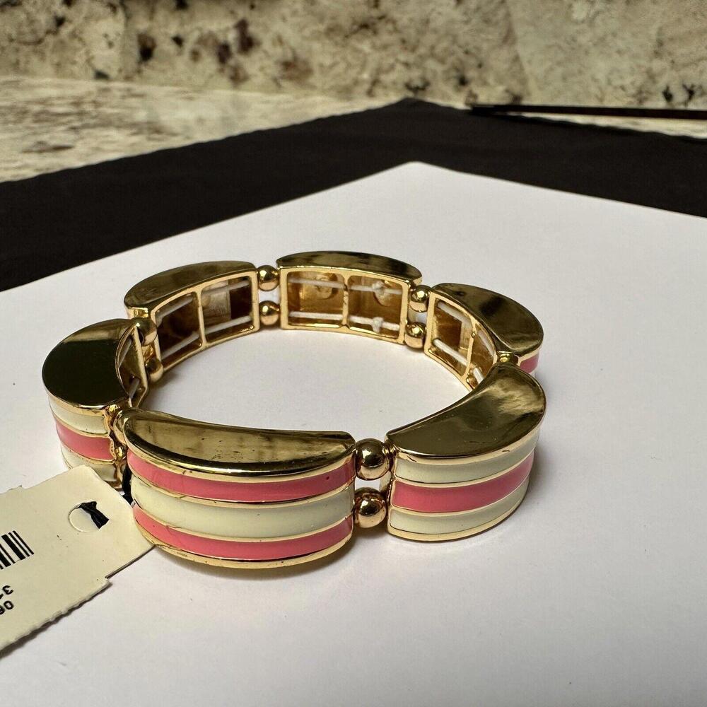 Talbots Stretch Bracelet 6 3/4 Inch Gold Tone Pink & Ivory Enamel